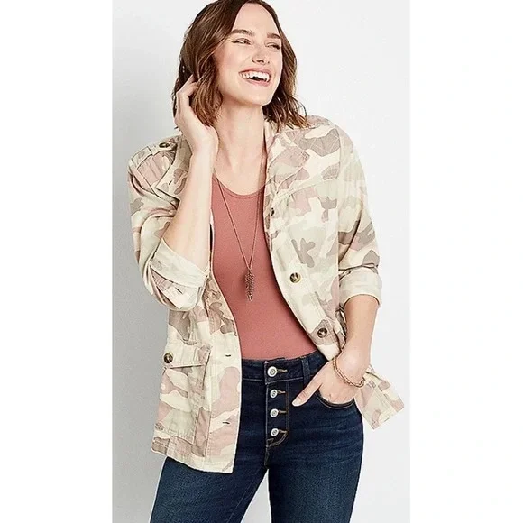 Maurice’s Lightweight Yoked Utility Style Neutral Toned Camo Button Down Coat, S - Picture 2 of 8